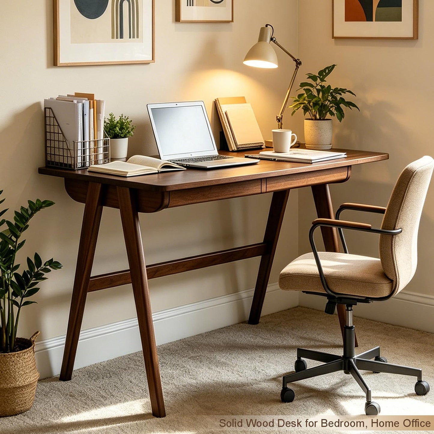 Kelvorvin Solid Wood Desk with Drawers, Computer Desk for Home Office, Small Writing Desk for Bedroom & Small Spaces, Sturdy A-Frame, Easy Assembly (Walnut Color, 39inch)