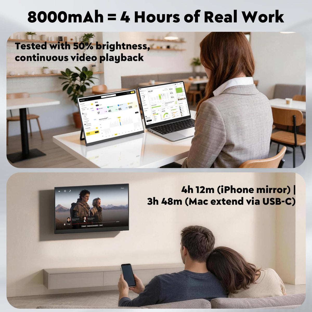 16" 2.5K Wireless Portable Monitor with Battery 8000mAh, 500 Nits HDR Display, 125% sRGB, USB-C / Mini HDMI External Travel Monitor, Auto Rotation, VESA Compatible for MacBook, iPhone, iPad, Windows