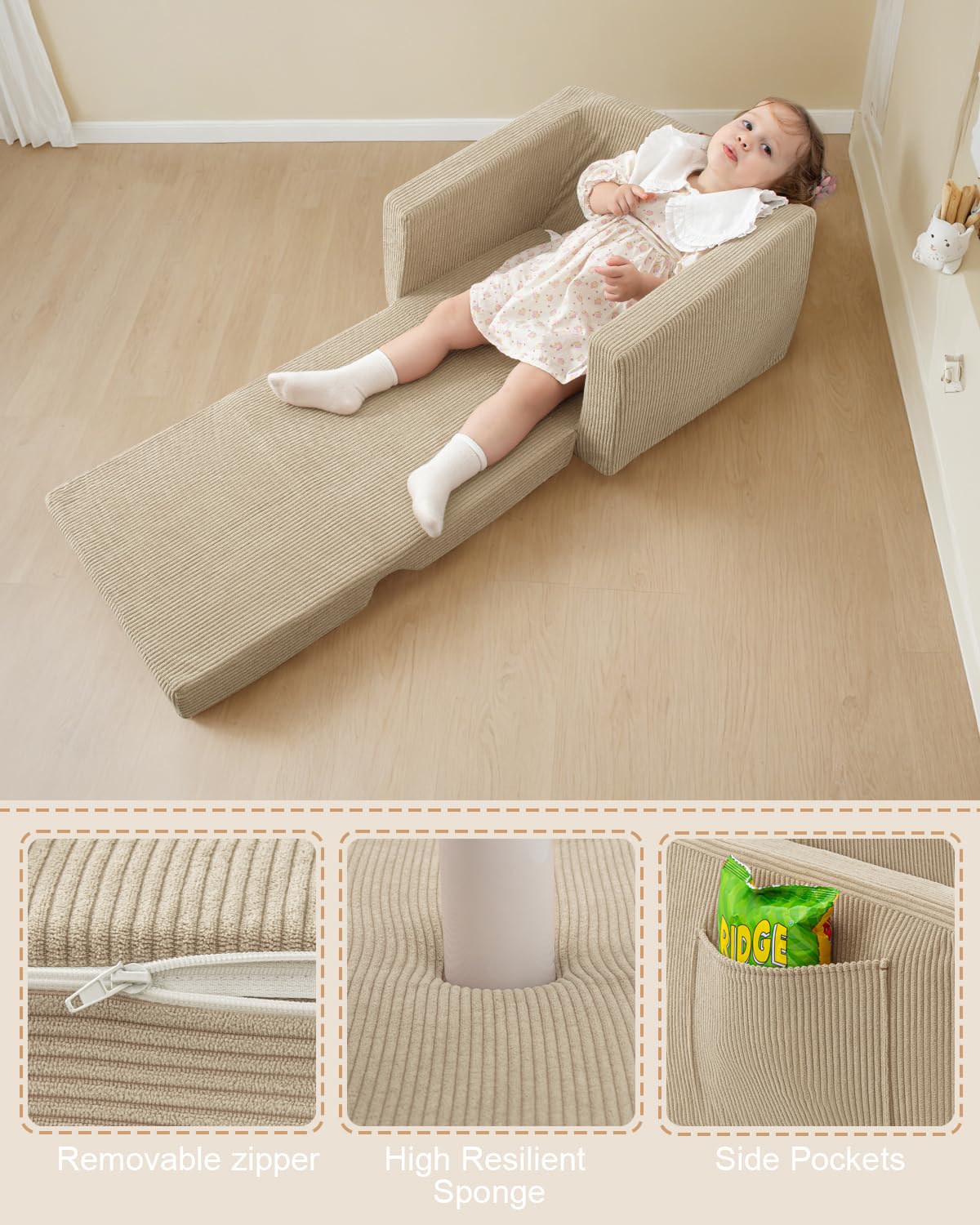 Jouha Kids Chair and Couch, 2-in-1 Fold-Out Kids Sofa, Soft Convertible Seating, Comfy Kids Chair for Boys and Girls,Beige