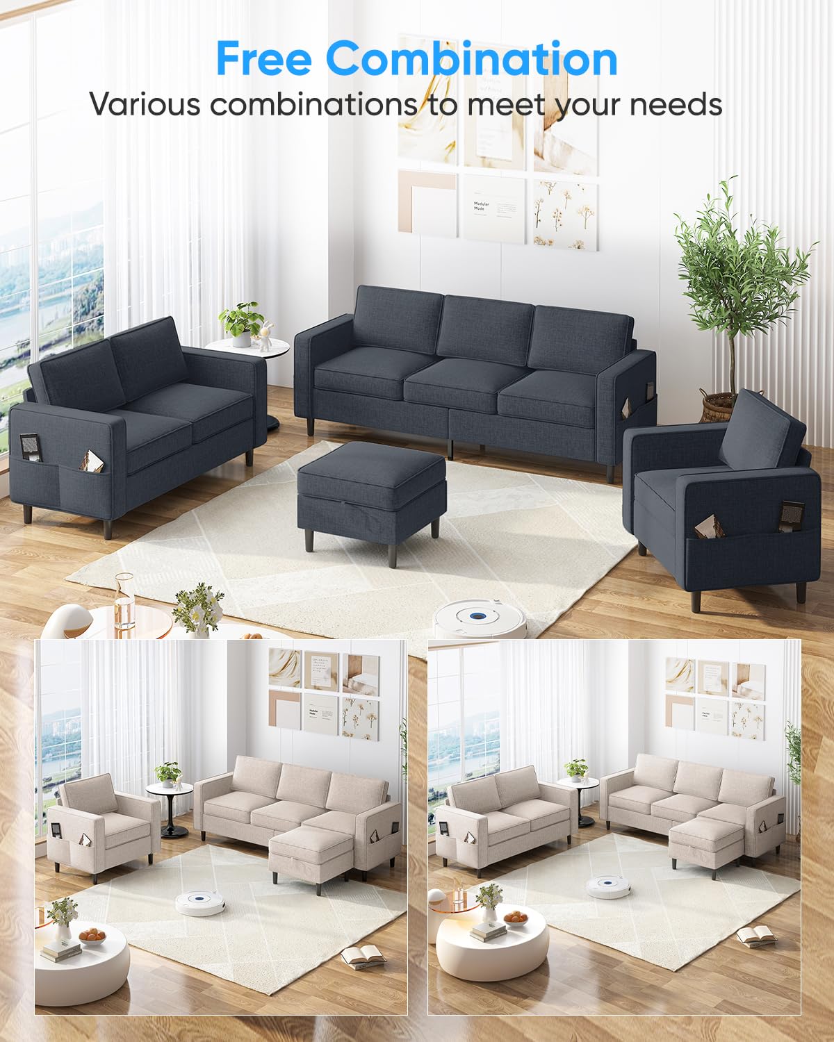 ADOWORE 3 Piece Living Room Sofa Set, Linen Fabric L Shaped Couch with Ottoman and Loveseat and Armchair Sets, Modern 3 Seater Sofa + Love Seat + Accent Chair Sets-Dark Grey