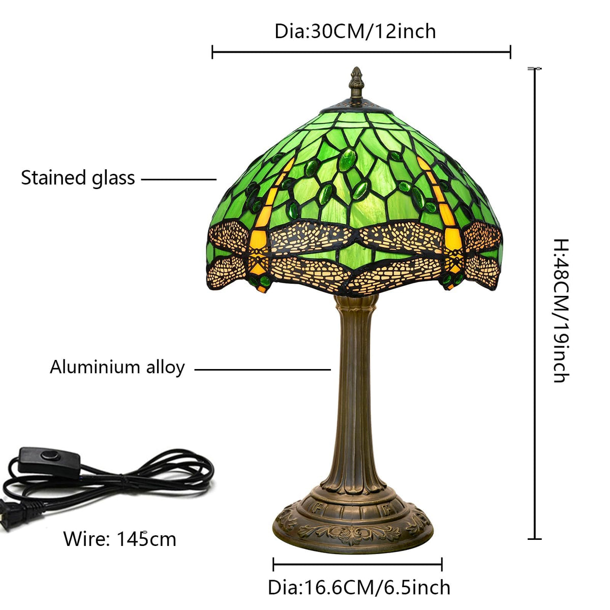 wecrejoni Tiffany Lamp Green Dragonfly Stained Glass Table Lamp 12X12X18 Inches Green Dragonfly Style Desk Reading Light Decor Beside Bedroom Living Room Home