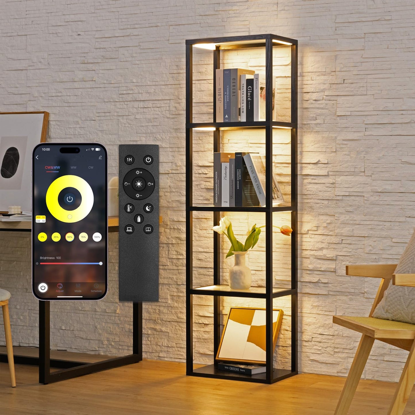 MITELSON Glass Display Shelf with Remote/APP Control, Curio Cabinet for Collectibles with Light, Modern Shelf Floor Lamp with Adjustable Color Temps for Living Room, Bedroom