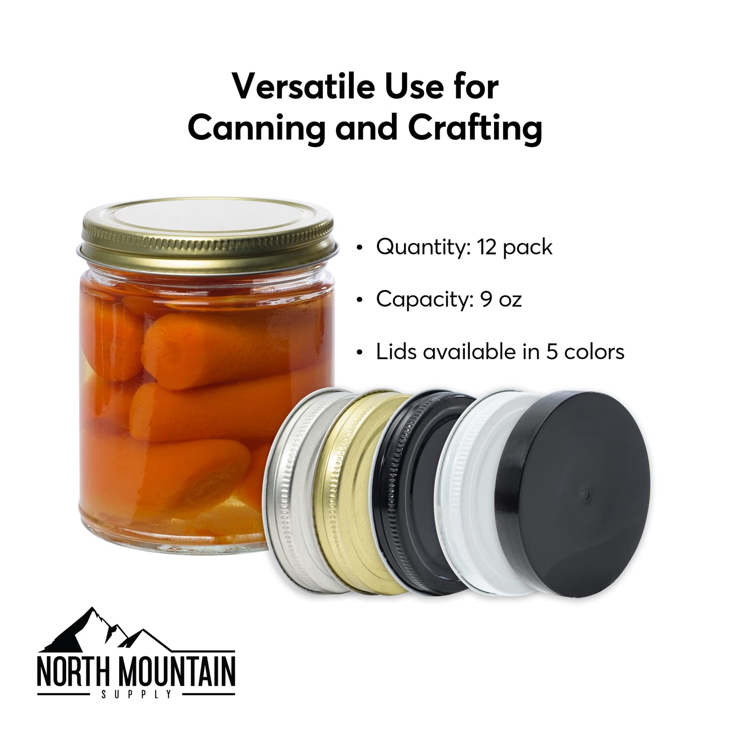 North Mountain Supply 9 Ounce Clear Glass Straight Sided Mason Canning Jars - with 70mm Black Metal Lids - Case of 12
