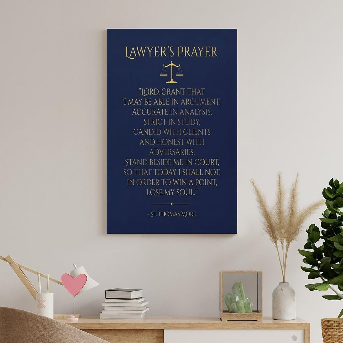 Prayer Quote For Lawyers Scales Of Justice Saint Thomas More Navy Canvas Printing Wall Art Print Decor Poster Scandinavian Bohemian for Attorney Office Courtroom Living Room Bedroom 12x18inch(30x45cm)