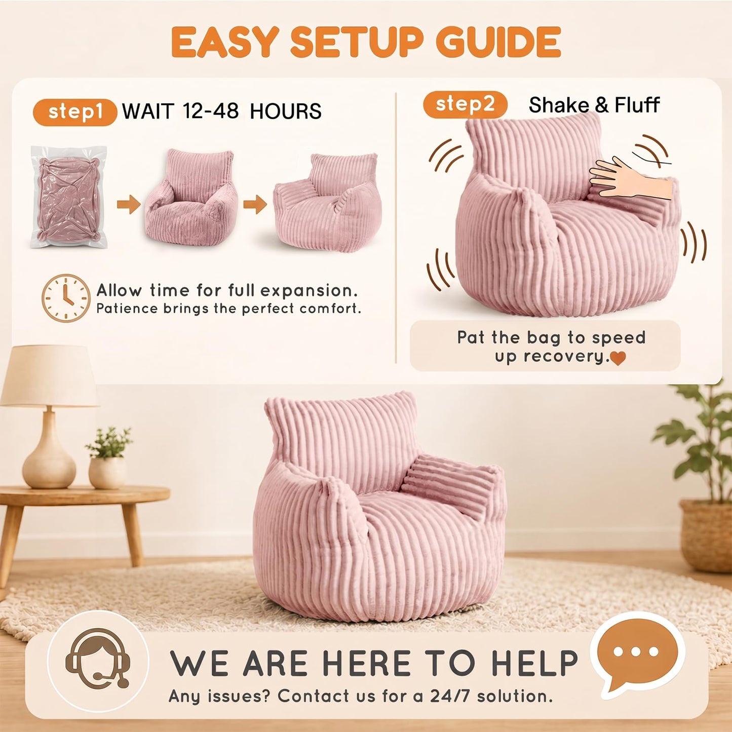 MaxiBean Bean Bag Chair - Plush Faux Fur Floor Seating Furniture Bean Bag Chair for Living Room, Bedroom, Playroom (2.5FT Stripe Pink)