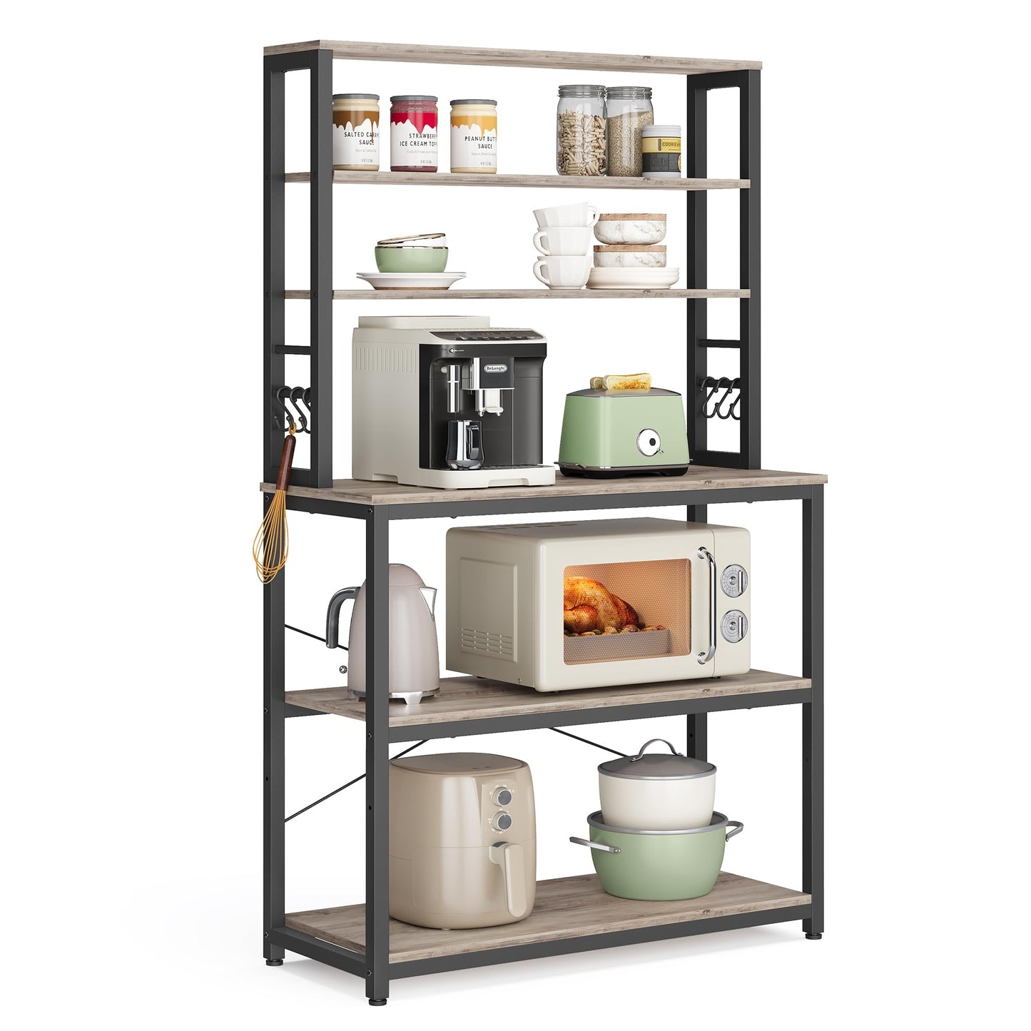VASAGLE Coffee Bar, 31.5 Inches Baker's Rack for Kitchen with Storage, 6-Tier Kitchen Shelves with 6 Hooks, Microwave Stand, Industrial, Heather Greige and Ink Black UKKS019B02