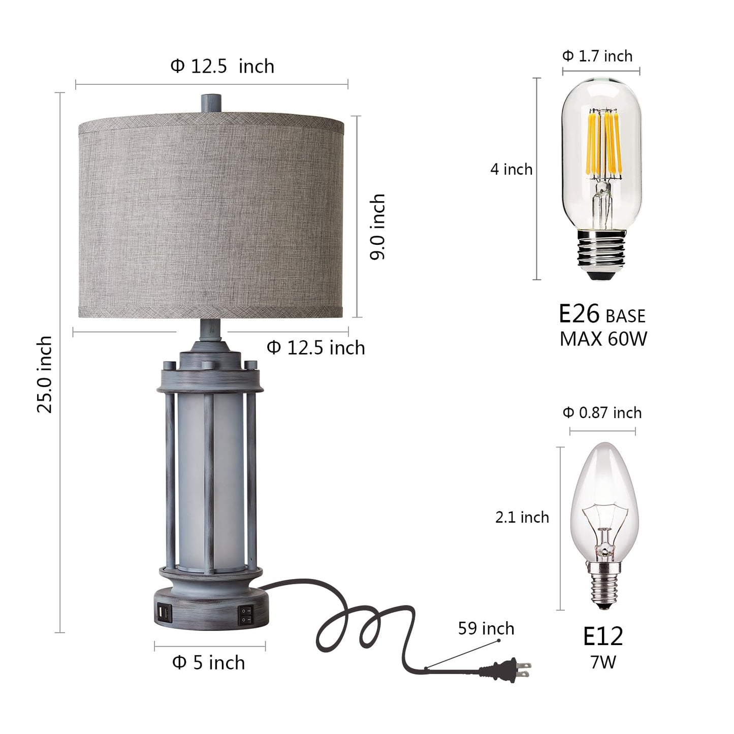 AIEAMPDO 25" Rustic Farmhouse Nightstand Lamp with 2 USB C+A Ports
