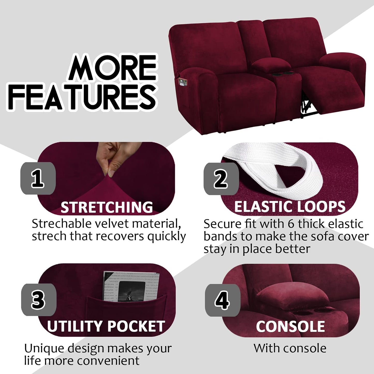 Reclining Love Seat with Middle Console Slipcover, 8-Piece Velvet Stretch Loveseat Reclining Sofa Covers, 2 seat Loveseat Recliner Cover, Thick, Soft, Washable, Loveseat Slipcovers (Burgundy - Wine)