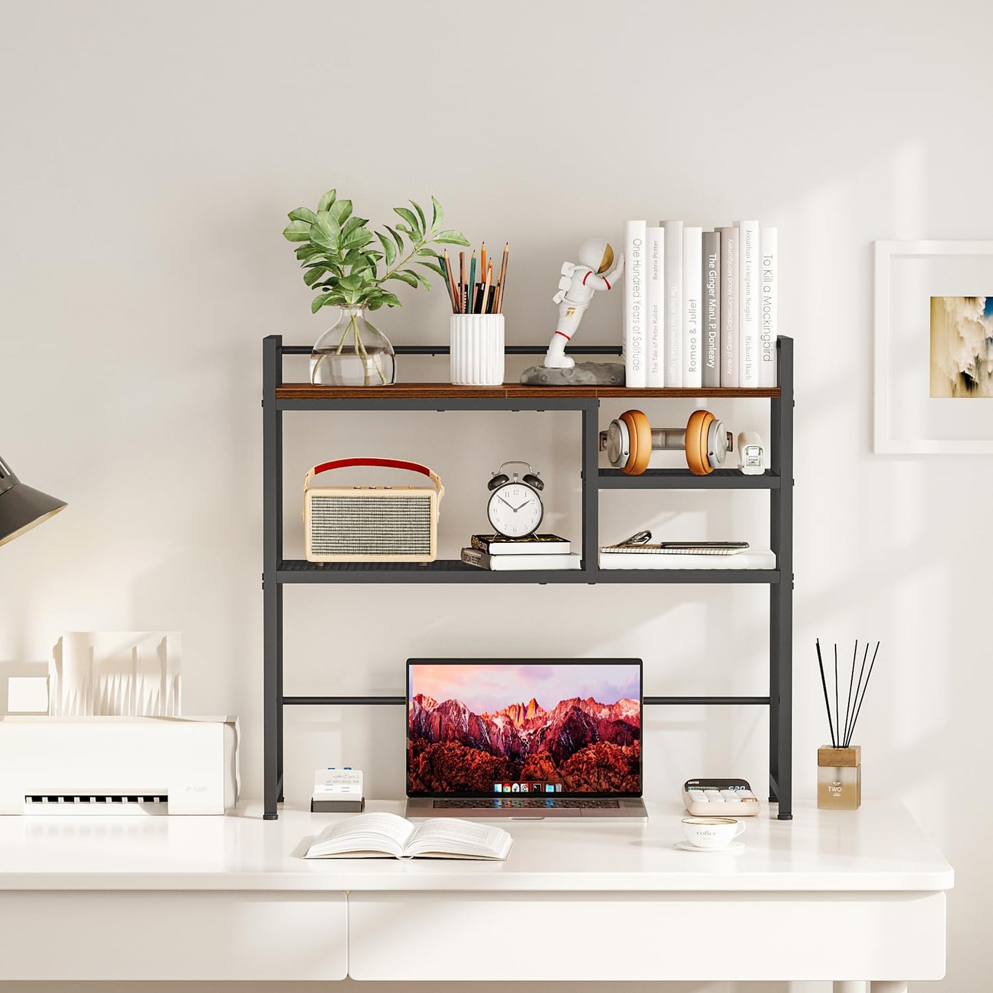Snughome 31.9" Desk Shelf, Desktop Organizer Shelf, Desk Hutch Dorm, 3-Tier Desk Display Rack, Desktop Bookshelf, Multipurpose Wood Desk Organizer Storage Rack for Home Office Dorm