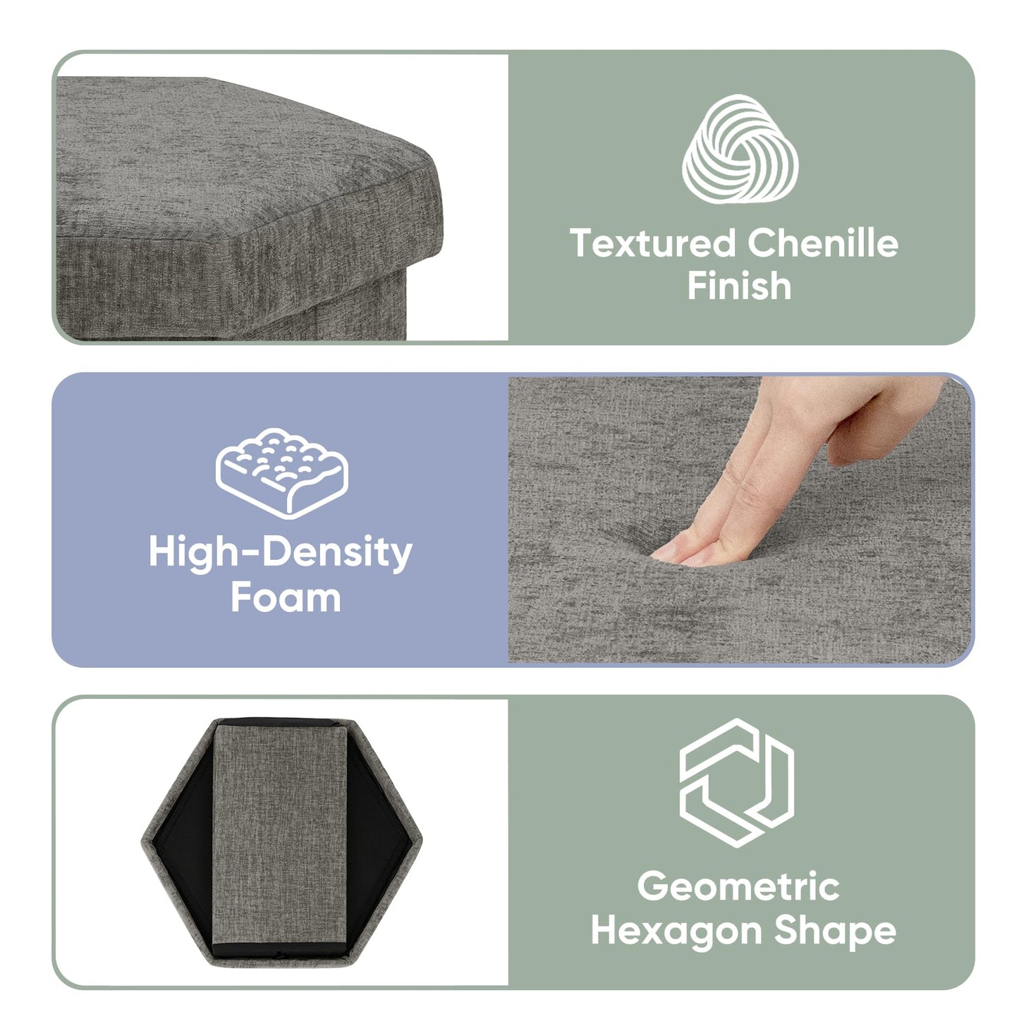 ZOLANOful Hexagon Storage Ottoman, Foldable Chenille FootRest with Hidden Storage, Small Ottoman Footstool for Living Room, Bedroom, Dorm, Entryway, 15 x 16.9 x 15 Inches, Grey