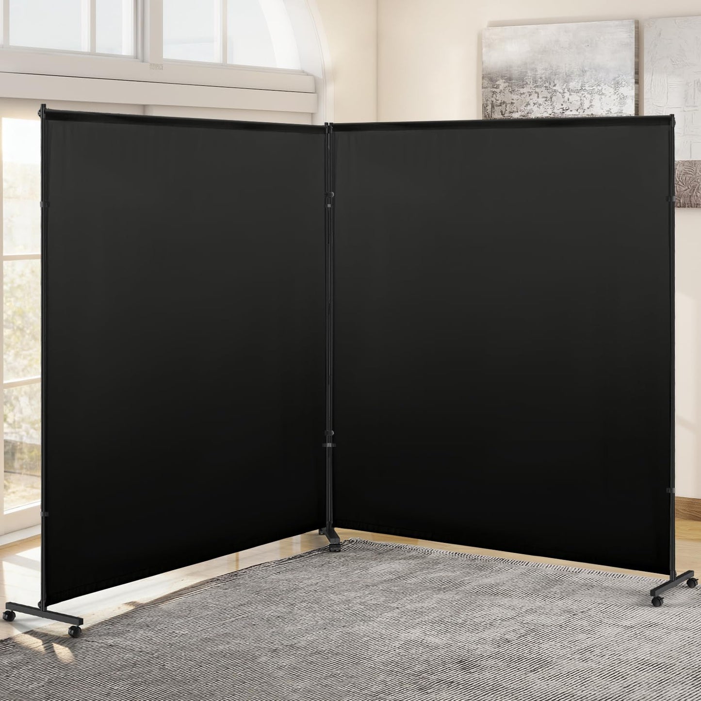 VAMFUTRE 2 Panels Room Divider/Privacy Screen with Caster Wheels and Brakes - Stylish and Versatile Partition for Home,Office,School and Restauran (Black, 12FT*6FT)