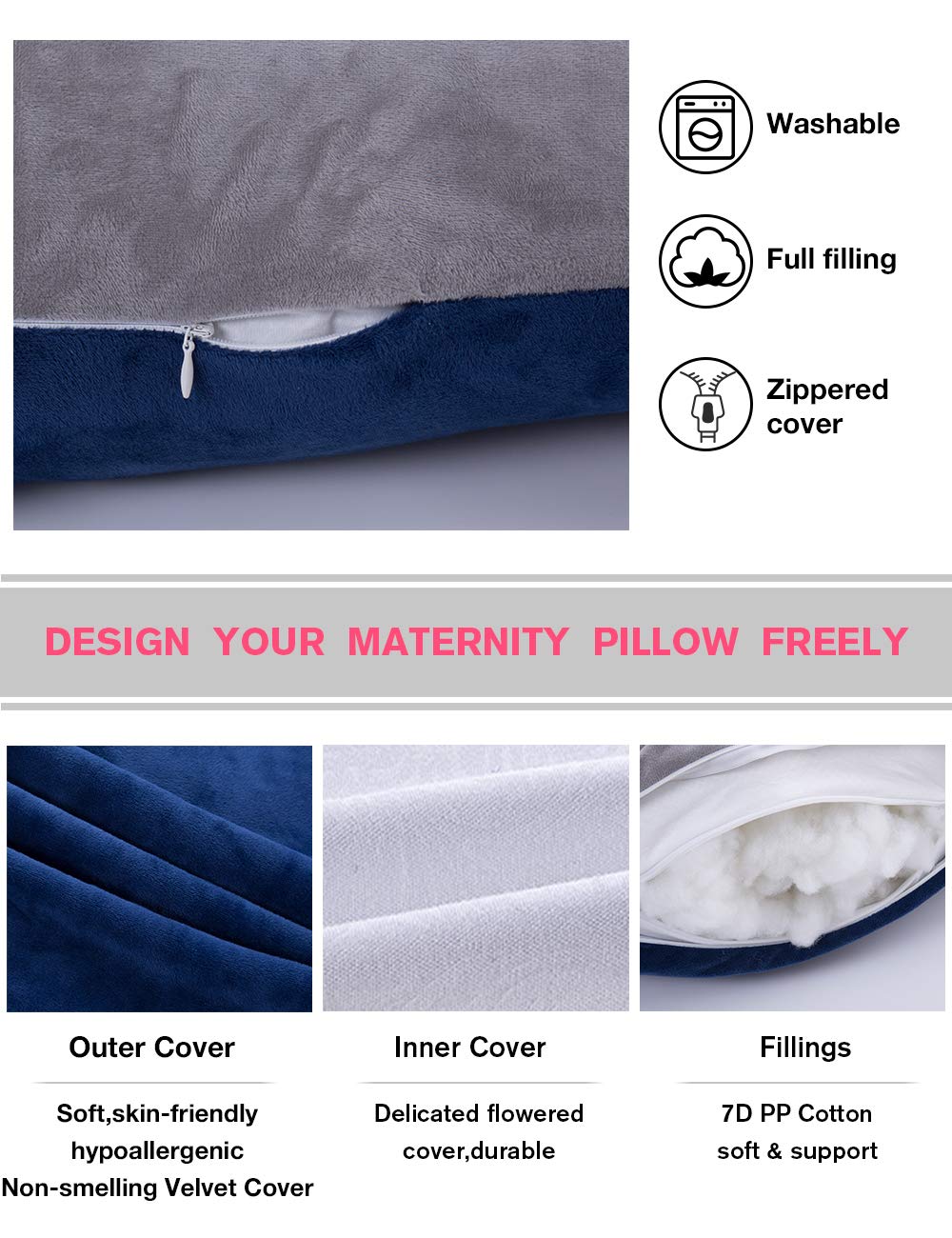 60in Full Body Pillow | Nursing, Maternity and Pregnancy Body Pillow | Awesling Extra Large U Shape Pillow and Lounger with Detachable Side, Separate Support Pillow and Removable Cover (Grey Blue)