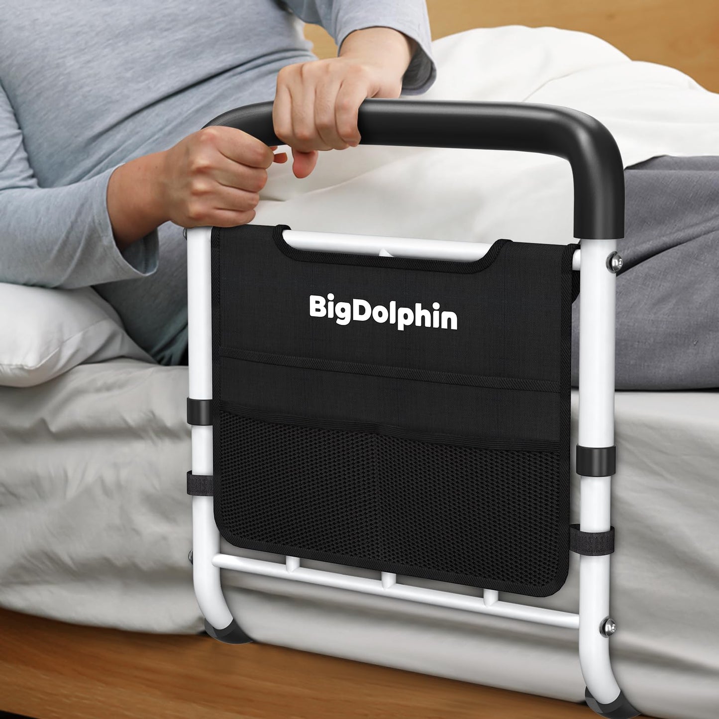 BigDolphin Bed Rails for Elderly Adults Safety - ASTM Approved Adjustable Bed Cane with Non-Slip Ergonomic Handle & Storage Pocket, Bed Railings for Seniors Support 400 LBS, Tool-Free
