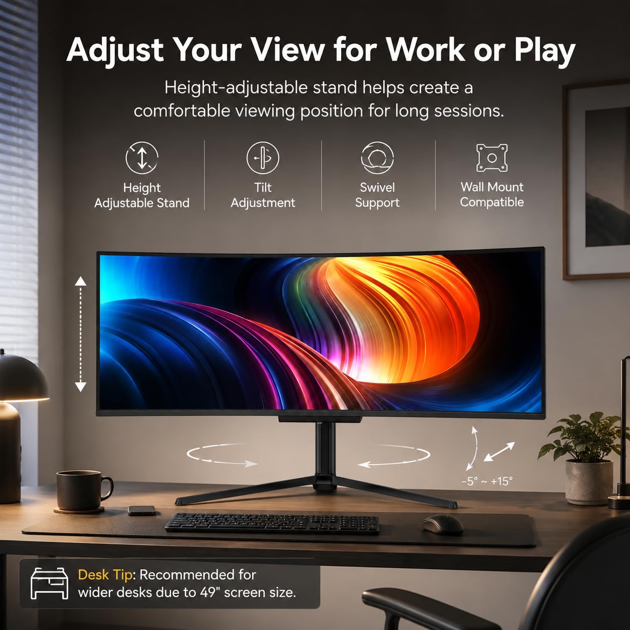Deco Gear OLED 49 Inch Curved Monitor, 5K2K 5120×1440 Ultrawide Dual QHD, 144HZ, 0.03ms, 32:9 HDR400, Adaptive Sync, R1800 Premium 100% sRGB 90W USB-C, Built-in Speakers Height Adjustable Stand