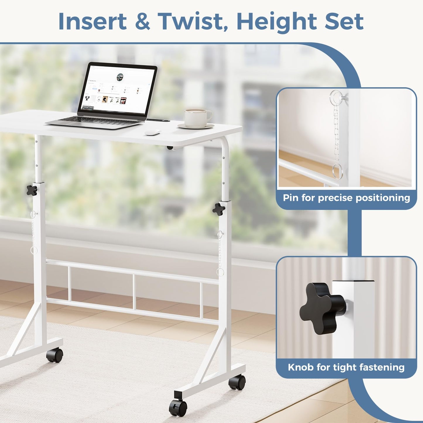 DUMOS 31.5" Adjustable Height Mobile Desk with Locking Wheels & Pin-Lock, Portable Workstation for Walking Pad & Active Home Office, Small Bedroom Desk, White