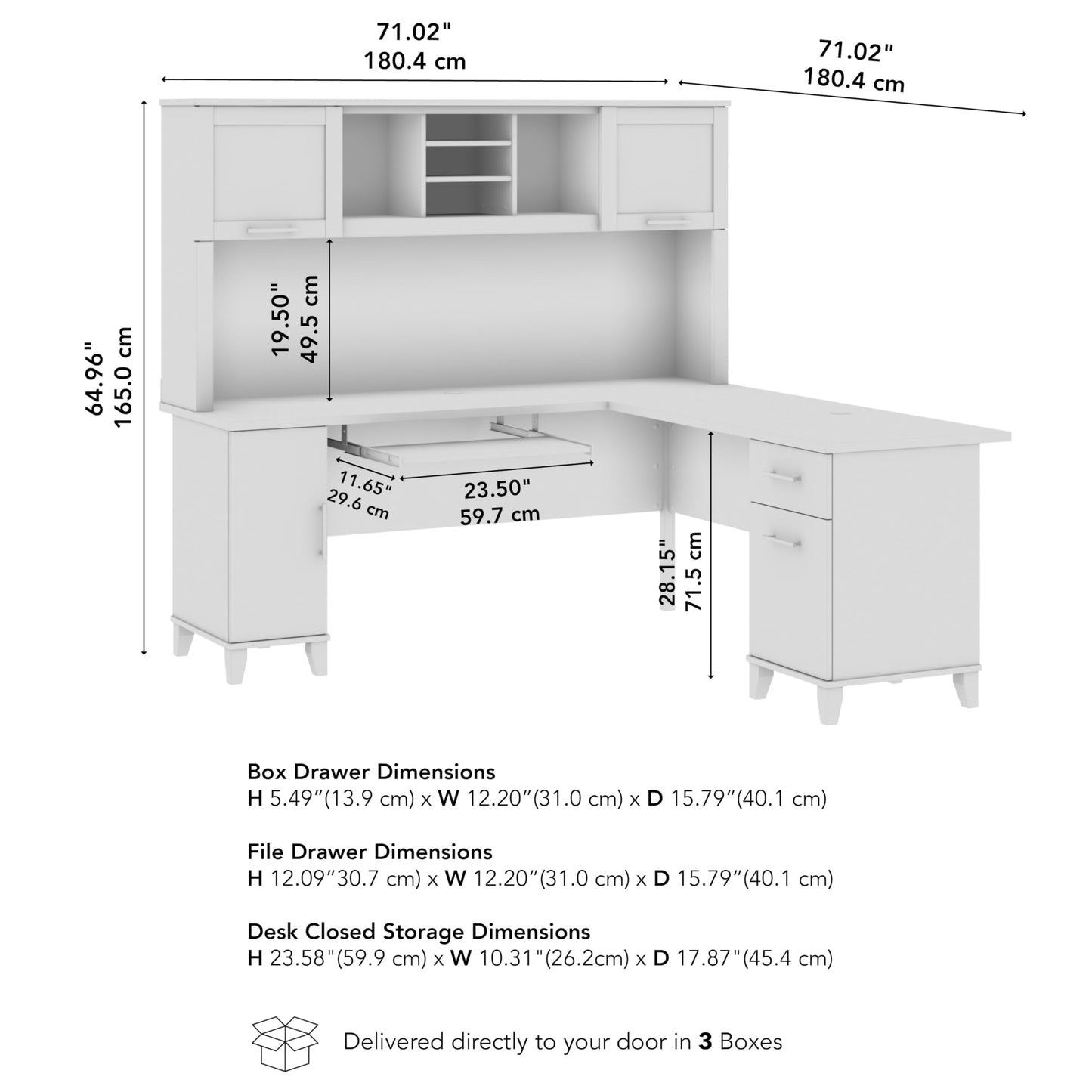 Bush Home 72-Inch L-Shaped Desk with Hutch, Corner Computer Office Desk with File and Box Drawers, Shelves and Storage Cabinet, Home Office Workstation, Somerset Collection, Storm Gray and White