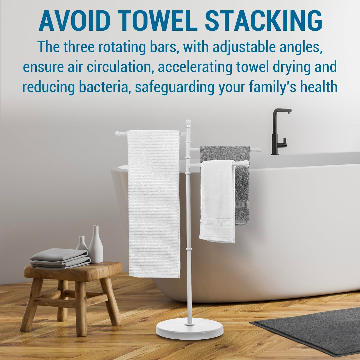MyGift 40 Inch Bathroom Towel Rack Holder, Free Standing Bath Towel Rack with 3 Swivel Bars, Spa Pool Hot Tub Valet Accessories Stand for Drying Towels, Matte White Metal