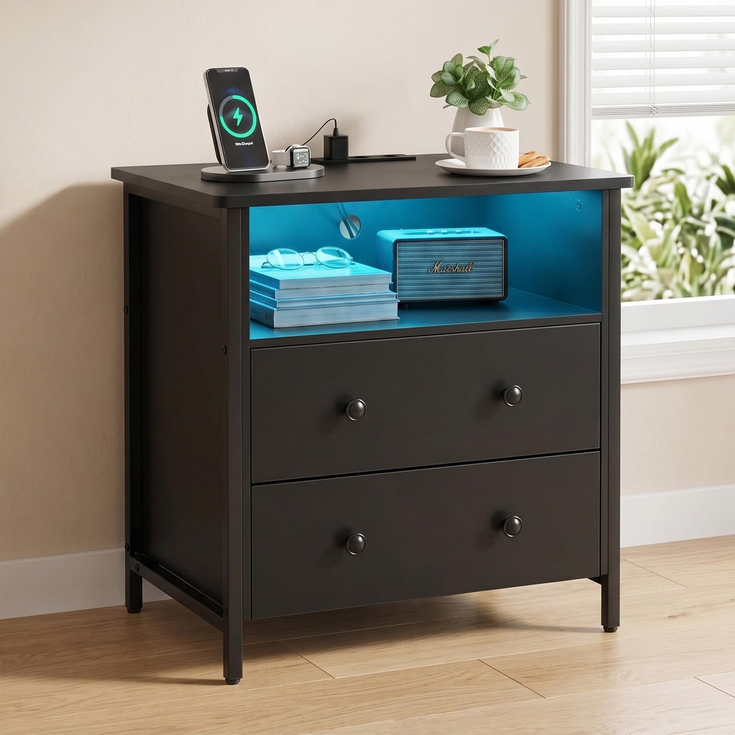 Tykacna 27 Inch Wide Night Stand, Large Wood Night Stand with 2 Drawer, LED Nightstand with Charging Station and Adjustable Drawer, Bedside Table for Living Room/Bedroom/Study/Office, Black.