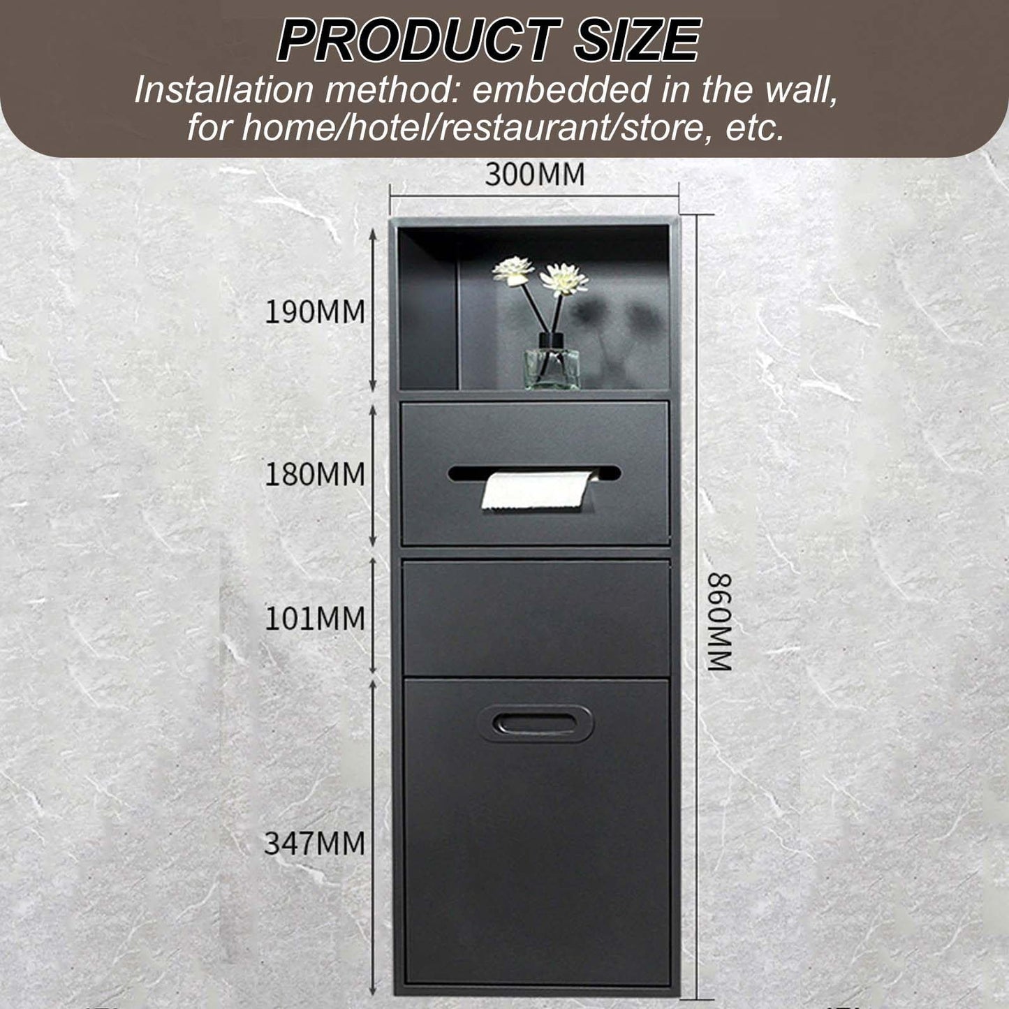 Wall Mounted Hidden Trash Can Cabinet, Stainless Steel Waterproof Tissue Box, Decorative Shelf Niche for Bathroom, Space-Saving Black Organizer, Stylish Waste Bin Solution