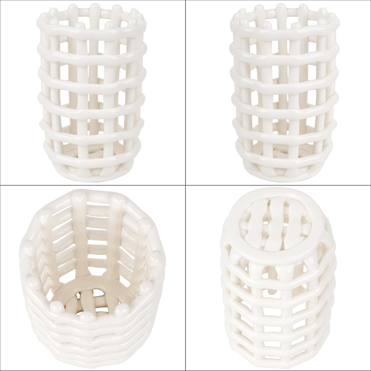 DODAMOUR Ceramic Toothbrush Holder, Boho Woven Grid Bathroom Cup, Breathable Openwork Makeup Brush Organizer, Modern Lattice Stand for Vanity Countertop, Toothpaste Storage - White