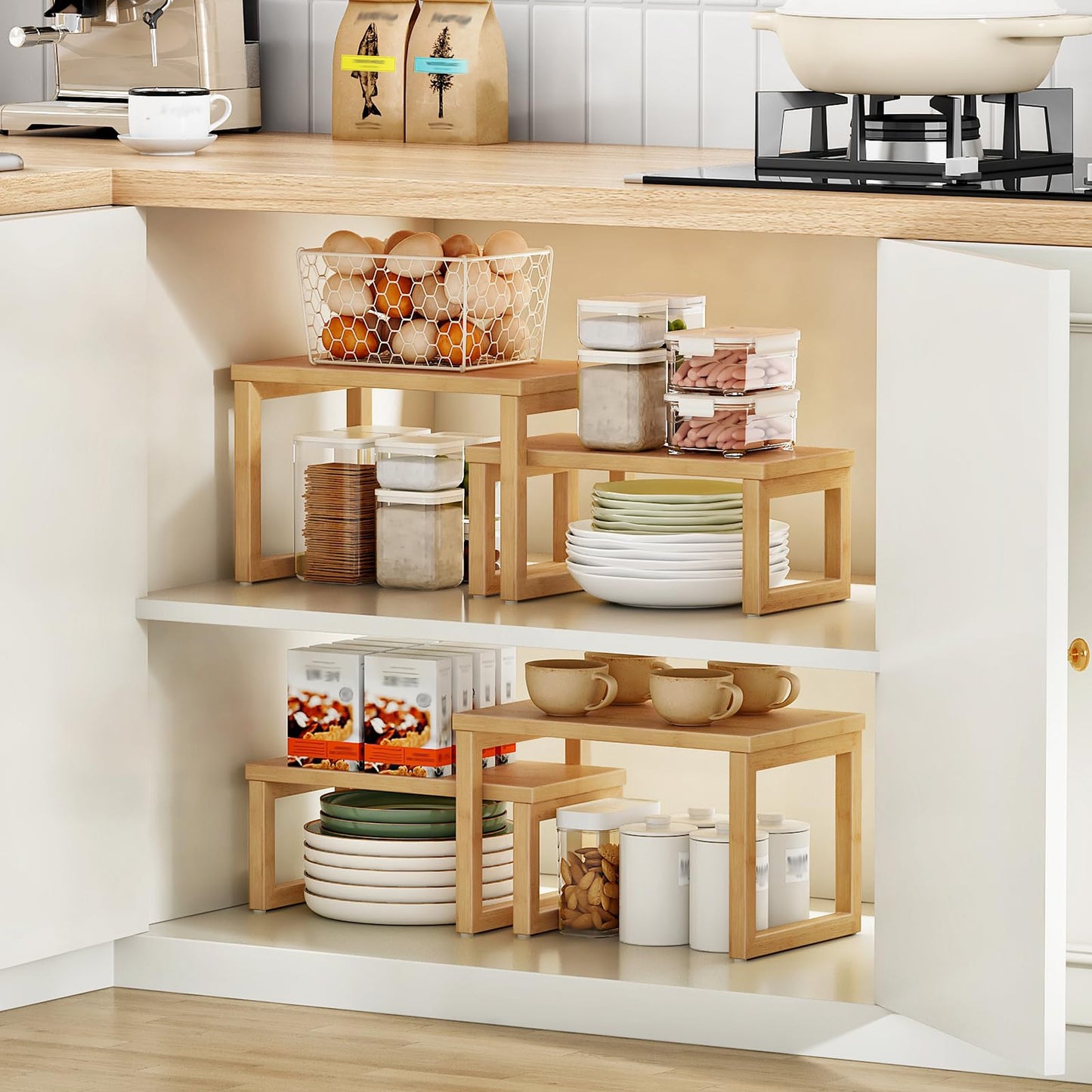 HOOBRO Cabinet Organizer Shelf, Set of 2 Kitchen Counter Shelves, Expandable Kitchen Storage, Stackable Bamboo Spice Rack, for Kitchen, Countertop, Office Desk, Living Room, Natural YL20TL01