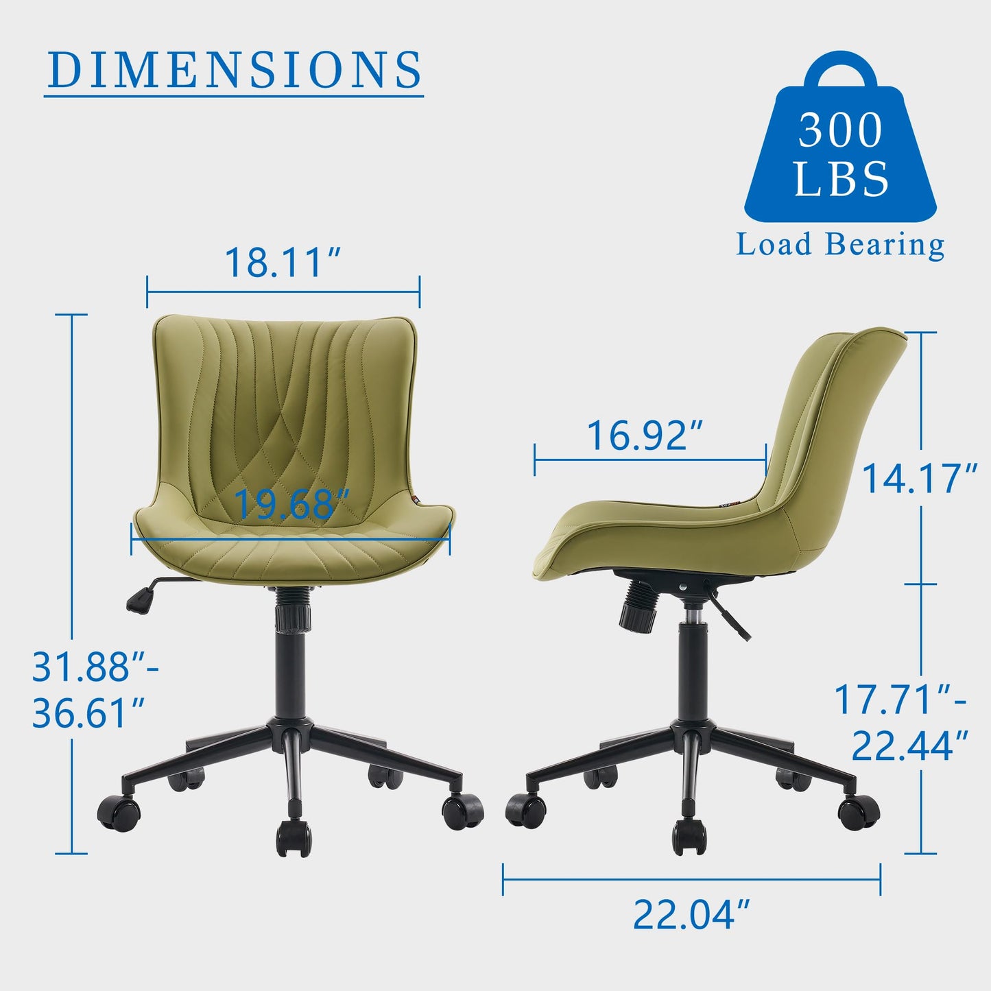 YOUNIKE Office Chair, Armless Desk Chair with Wheels, Home Office Computer Task Chairs, Modern Faux Leather Padded Vanity Chair, Adjustable Swivel Rolling Chairs with Back, Avocado Green