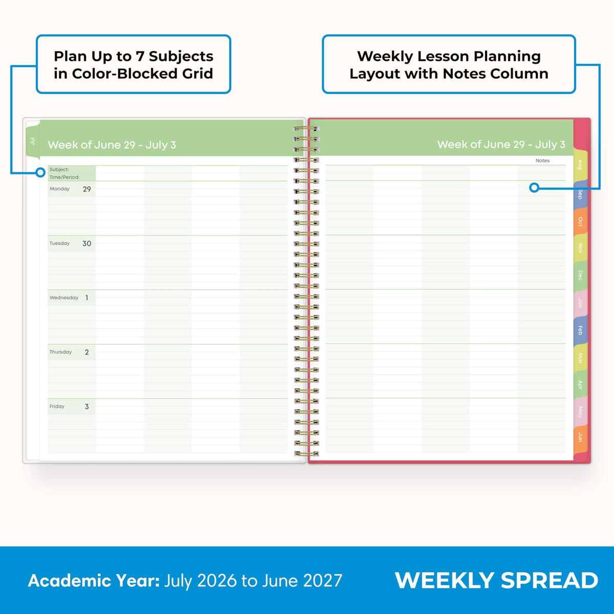 Blue Sky Teachwell 2026-2027 Weekly and Monthly Academic Year Teacher Lesson Planner Calendar, July 2026 - June 2027, 8.5" x 11", Flexible Cover, Heavy Duty Coil Binding, Colorful Interior, Laminated Tabs, Storage Pocket, Includes Stickers, Meilani