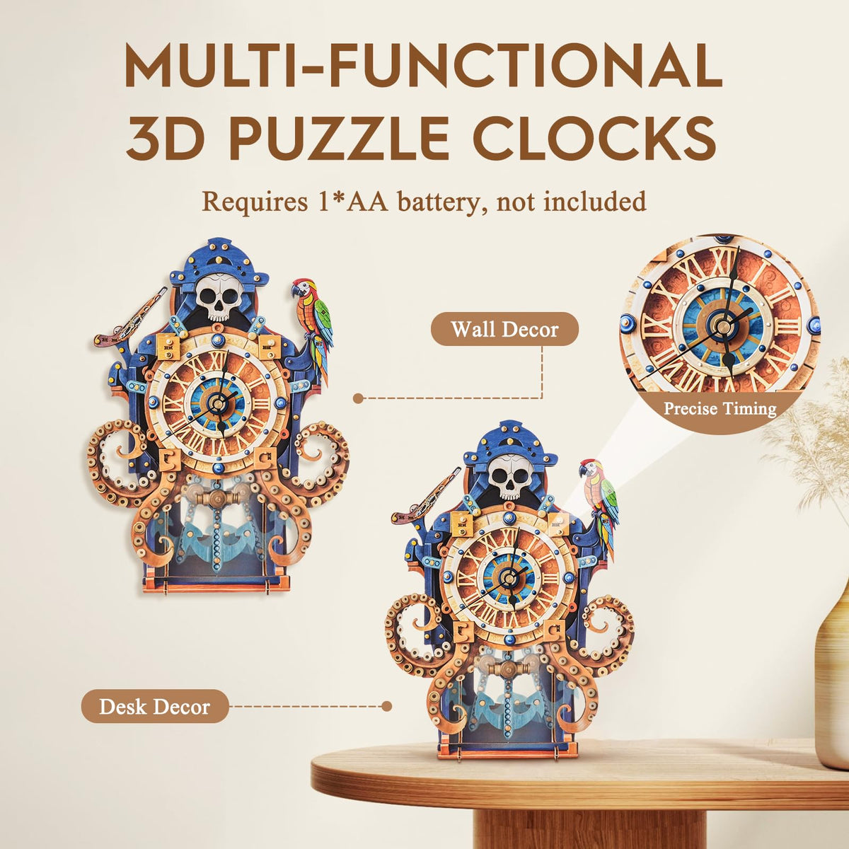 3D Puzzles for Adults Wooden Clock-Octopus Pirate Model Kit, Mechanical DIY Pendulum Clock with Roman Numerals-Home Wall Decor, Birthday Christmas Day Gift for DIY Lovers