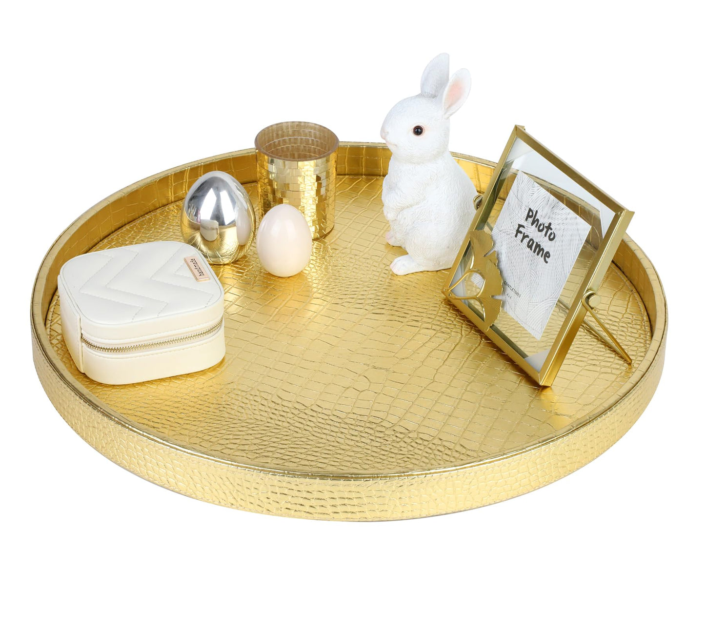 HofferRuffer Round Serving Tray 20'', Elegant Faux Leather Circle Ottoman Table Tray, Serve Tea Coffee Breakfast in Bedroom Living Room Kitchen (Gold, 20")