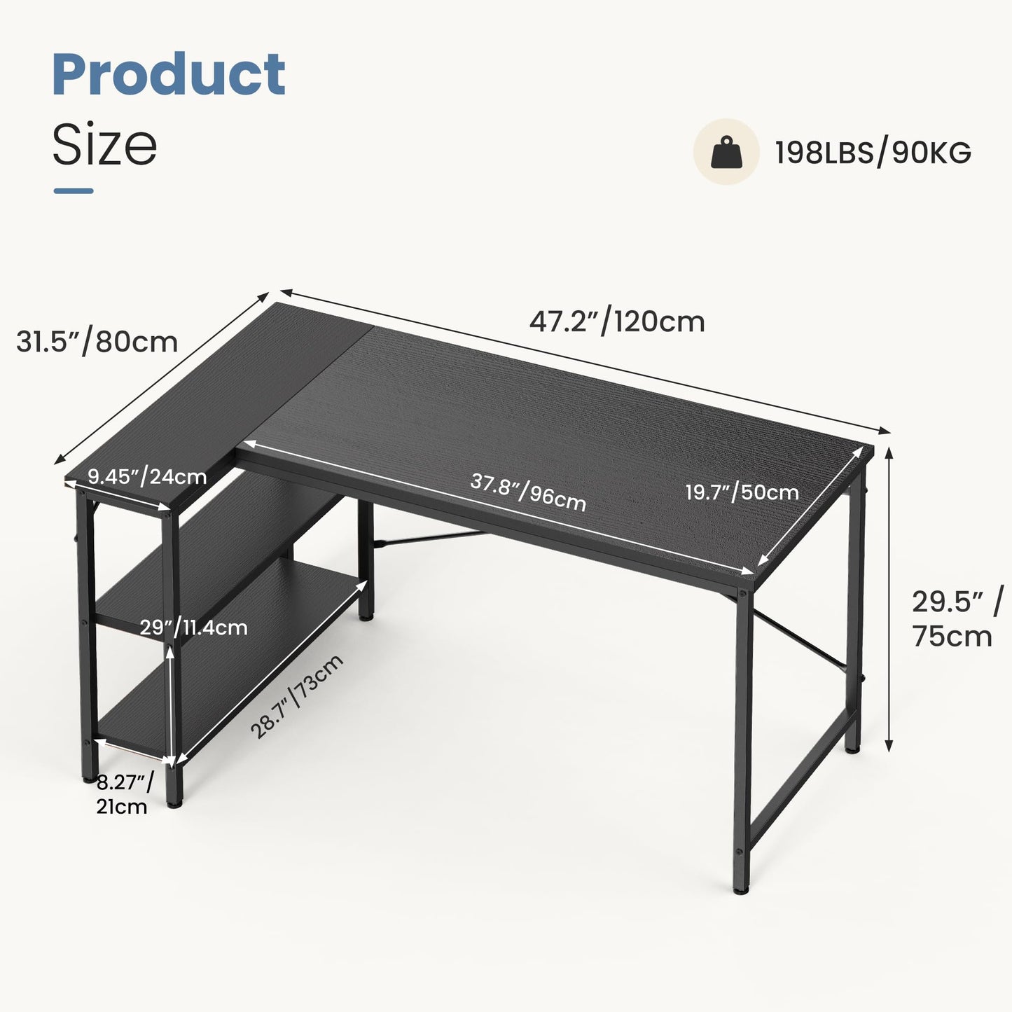 DUMOS L Shaped Desk 47 Inch Computer Corner Gaming Desks for Home Office PC Table with Reversible Storage Shelves for Writing Working Study Bedroom Dorm Modern Black