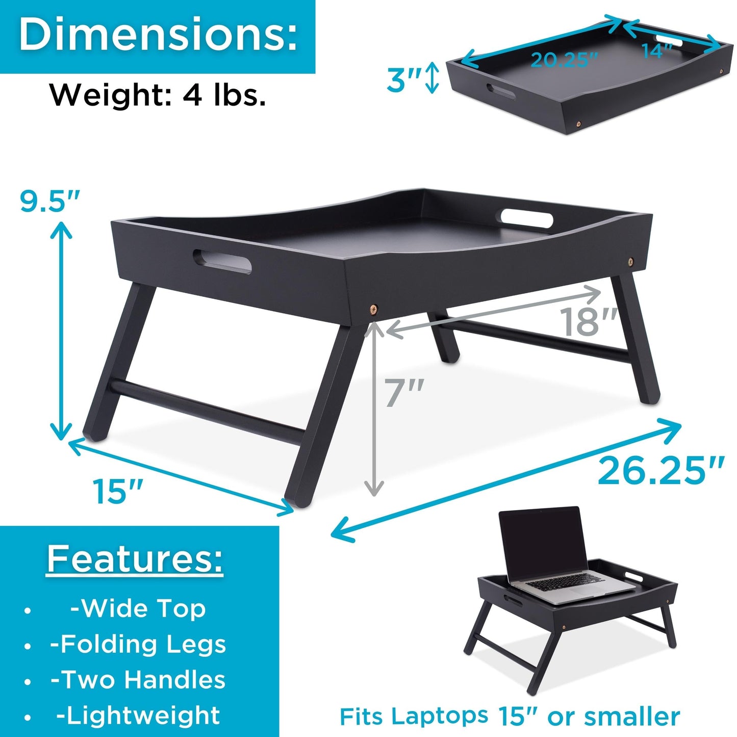 BIRDROCK HOME Wood Bed Tray for Eating, Folding Lap Desk with Handles, Black