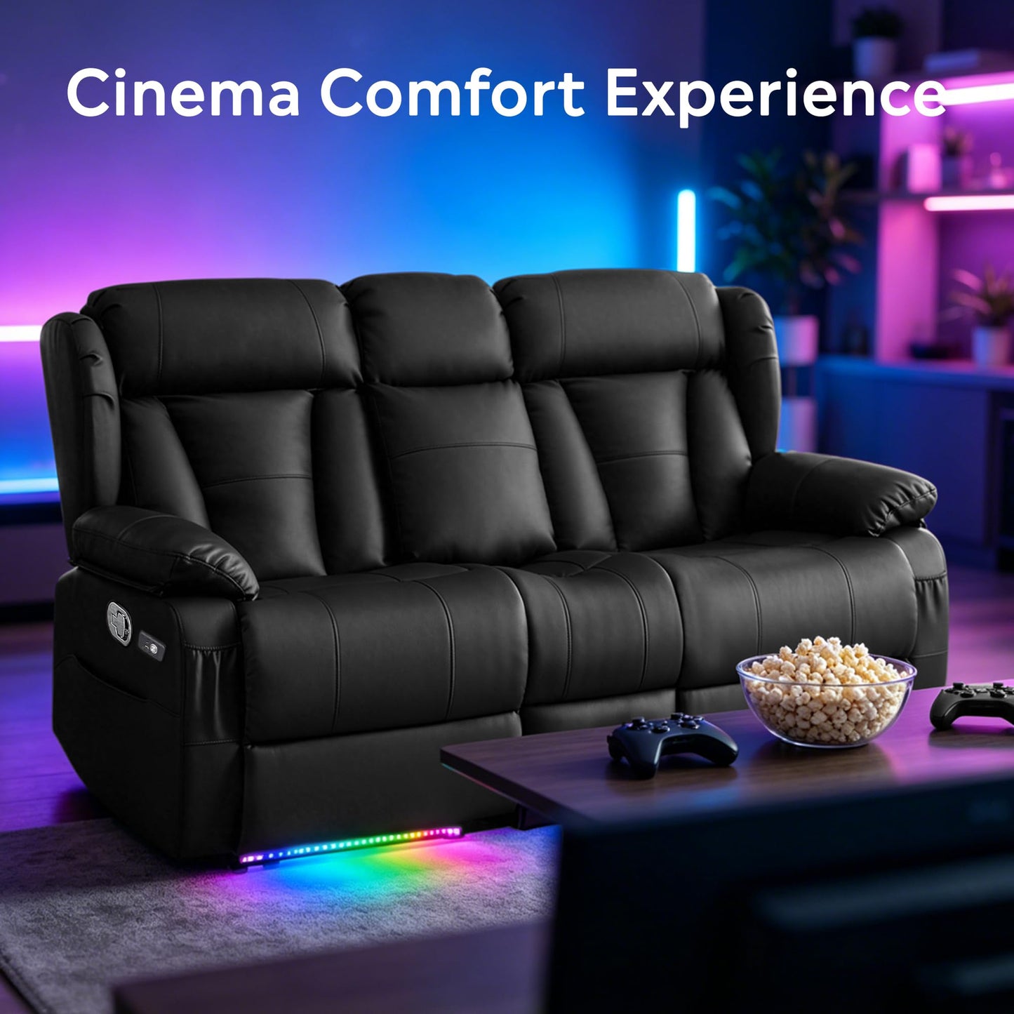AHMED Loveseat Recliner Sofa with Console, Home Theater Seating with LED Lights, Cup Holders, USB Ports, Side Pockets, 2 Seater Manual Reclining Couch for Living Room, RV, Home Theater, Black