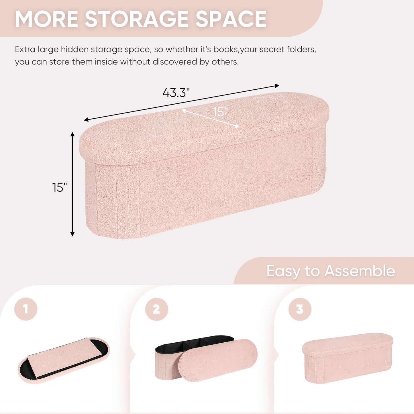 B FSOBEIIALEO Ottoman with Storage for Living Room, Sherpa Folding Storage Ottoman Foot Rest, 43.3 Inches Collapsible Bedroom Bench Pink