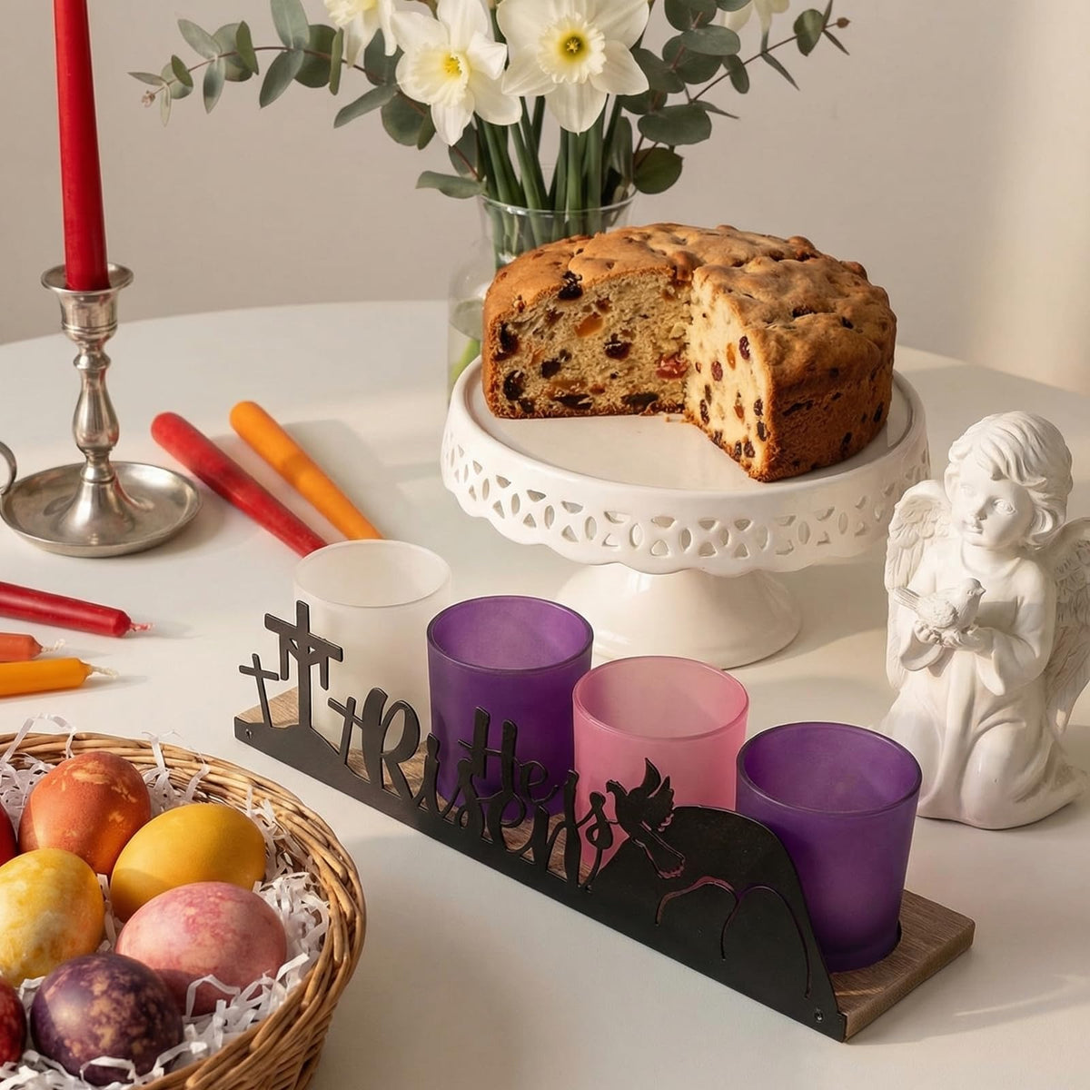 SYFURNIX He is Risen Easter Decor, 4 Glass Votive Tealight Candle Holders & 1 Wooden Tray, Easter Religious Decor for Church Event Pray Table Centerpiece, Christian Gift