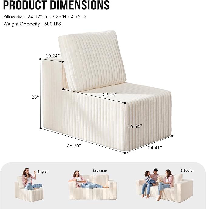 Single Sofa 1 Seat Couch with Deep Seat Memory Foam Cloud Chair with Pillows