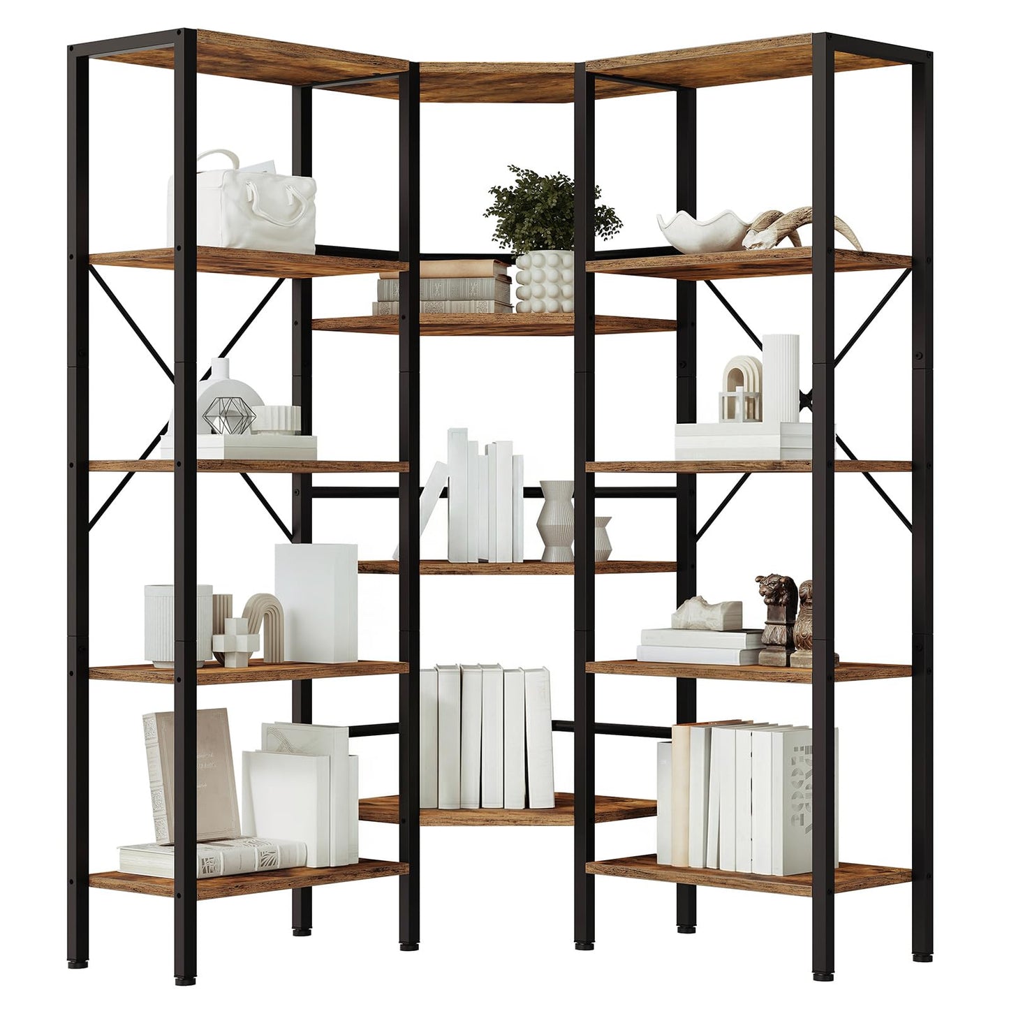HOOBRO Industrial Corner Bookshelf, 5-Tier L-Shaped Bookcase, Open Display Storage Rack, Floor Standing Storage Shelf, for Living Room, Bedroom, Home Office, Rustic Brown and Black BF68SJ01