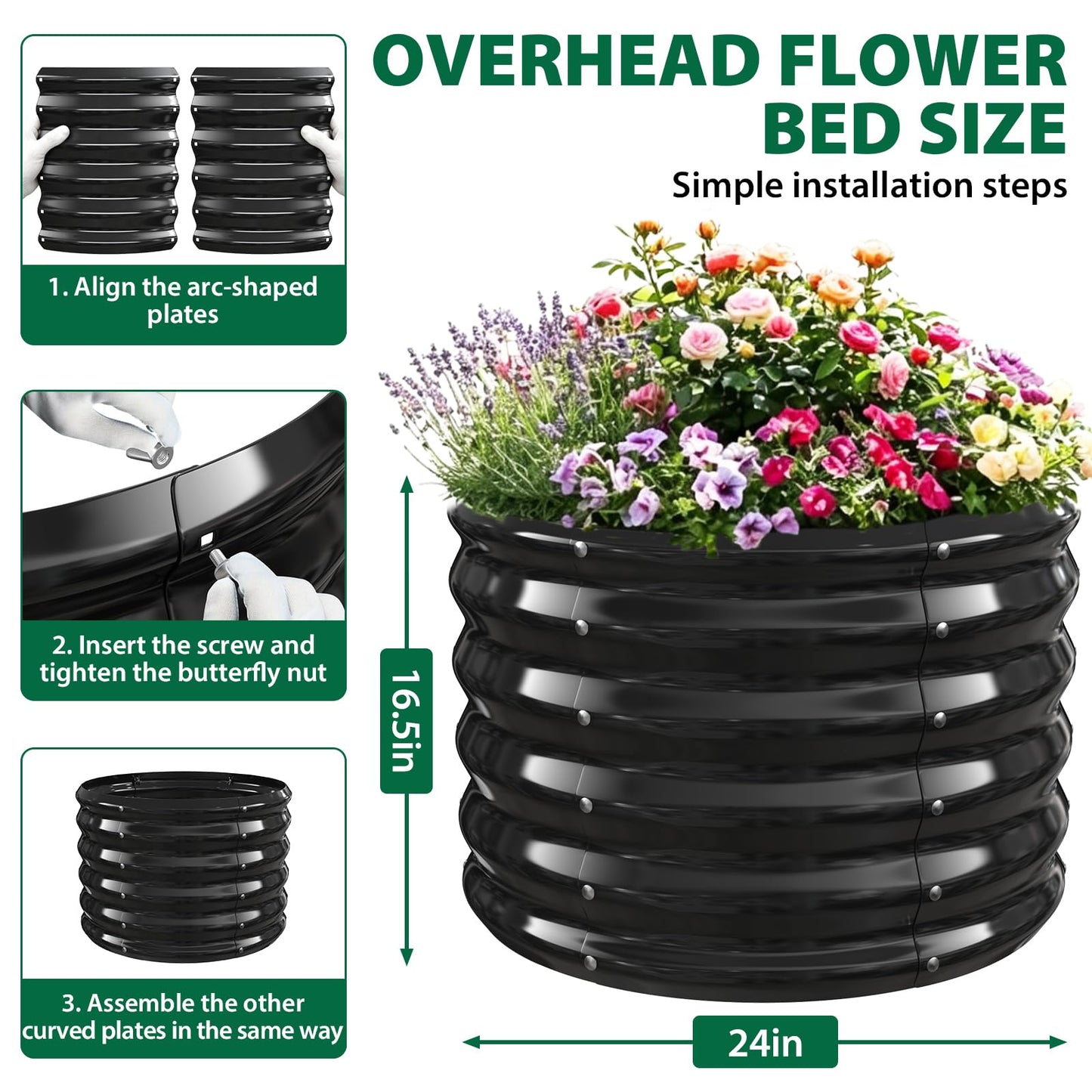 VAMFUTRE 24" Diameter Round Raised Garden Bed - 17 Inch Tall, Heavy-Duty Galvanized Steel Planter Box with Wave-Shaped Panels for Vegetables, Herbs & Flowers (2, Black, 24 Inch Diameter)