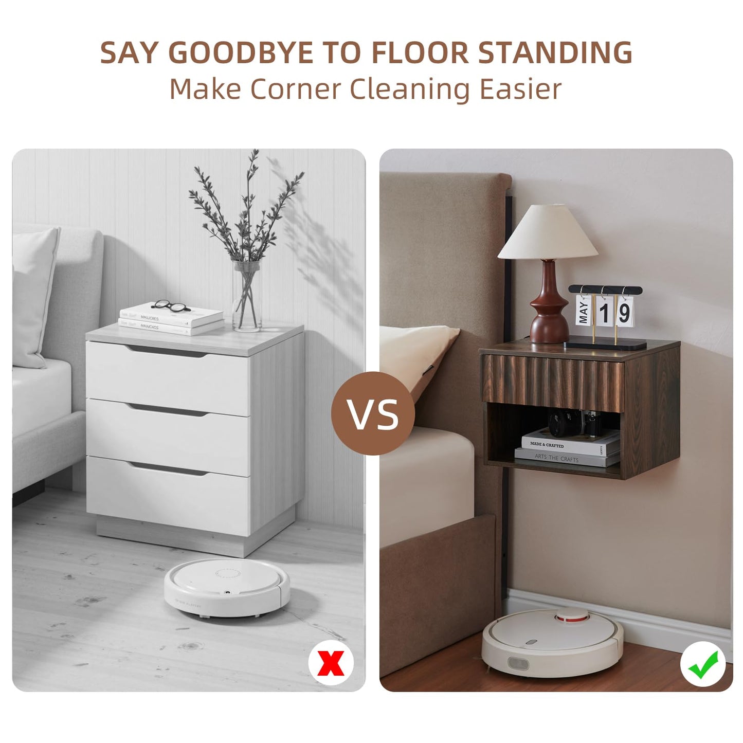 BuildHom Floating Nightstand with Fluted Drawer - Modern Wall Mounted Bedside Table with Open Storage Shelf, Small Night Stand for Bedroom(Walnut)