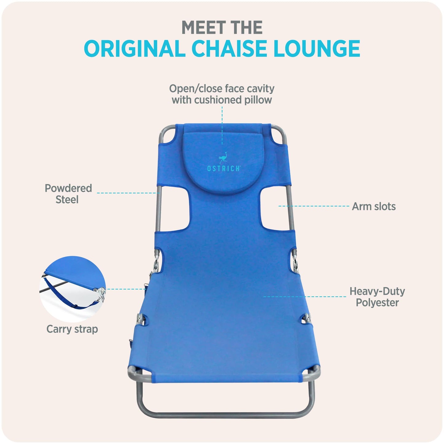 Ostrich the Original Chaise 72 x 22 Inch Lounge Portable Reclining Lounger, Outdoor Patio, Beach, Lawn, Camping, or Pool Tanning Chair, Ocean Blue