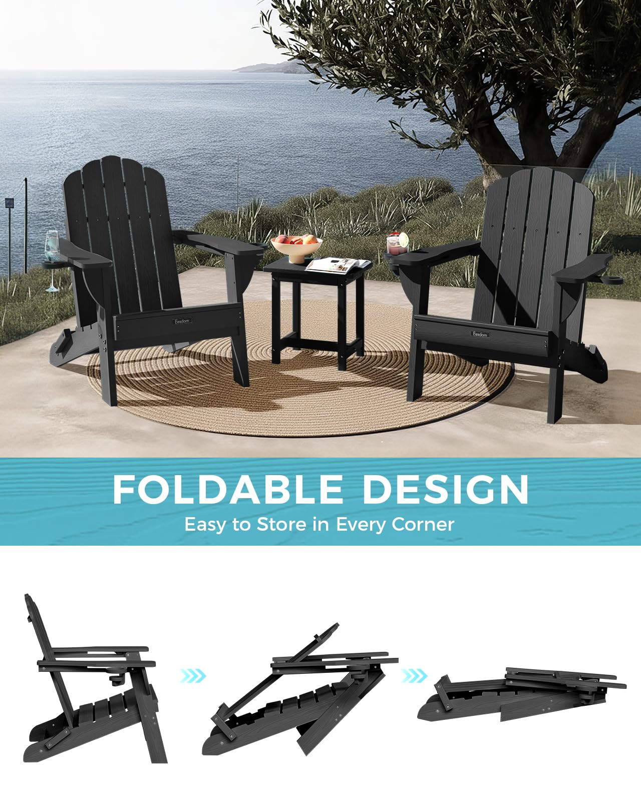 Eesdom Folding Adirondack Chair, All-Weather HDPE Plastic Patio Chair with 2 Cup Holders, Wooden Textured Lawn Chair, Perfect for Fire Pit,Black