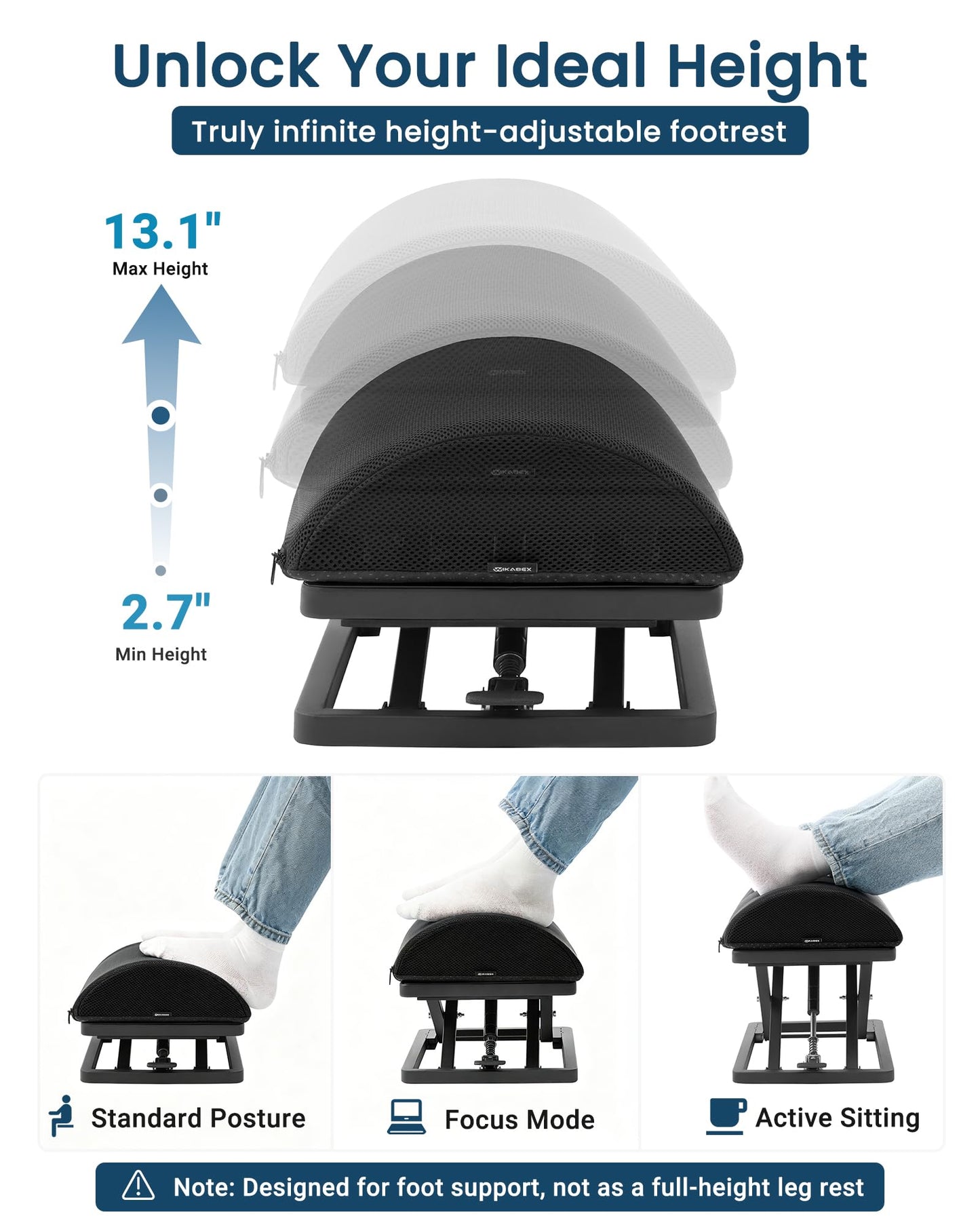 Wikabex Truly Infinite Height Adjustable Footrest｜No Bending Needed—Foot Step-to-Adjust｜2.7"-13.1" Height｜Washable｜Foot Rest Stool for Under Desk at Work, Office/Home/Gaming/Study Desk Essentials
