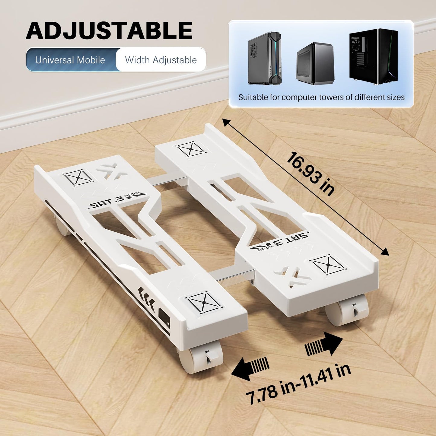 Hovadova Adjustable Computer Tower Stand, Mobile PC Stand for Floor with 4 Locking Caster Wheels Fits Most PC, Under Desk CPU Holder for Office, Gamers and Students (White)
