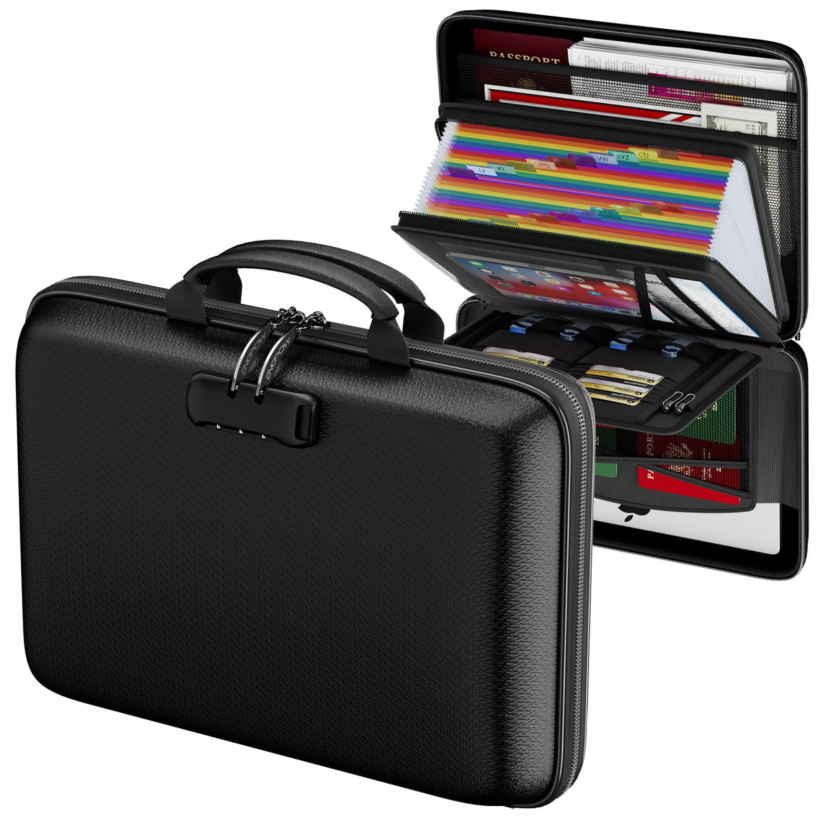 ENGPOW Fireproof Document Box with Lock, Hard Case Fire & Water Resistant File Organizer with 25-Pocket Accordion File Folder, Portable Home Office Safe Storage for Important Documents Laptop Black