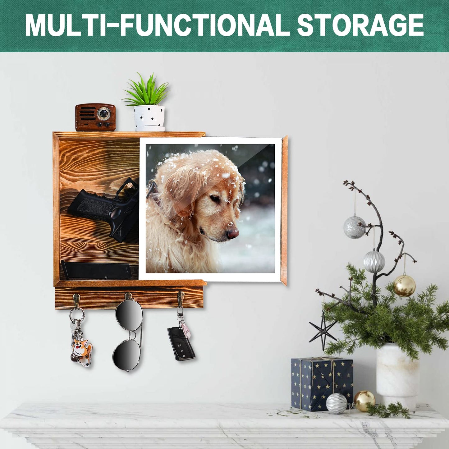 MOCAS Hidden Gun Storage, Hidden Wall Gun Safe Pistol Rack Shelf with 3 Hooks for Secret Decor Concealment Furniture, Art Storage Cabinet Wooden Storage Shelves Indoor Picture Frame