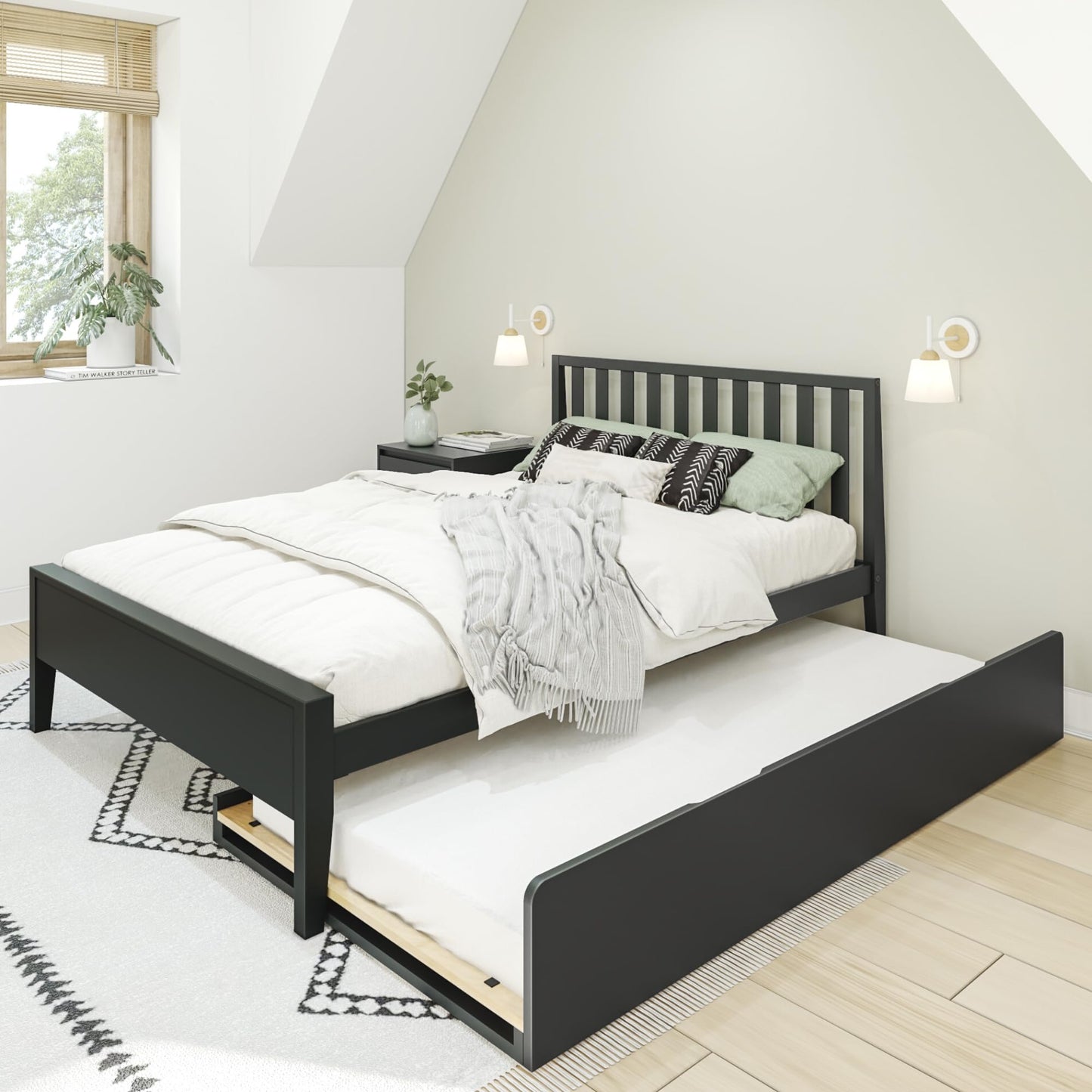 Max & Lily Scandinavian Panel Bed (Full), Slatted Headboard, with Trundle, Black