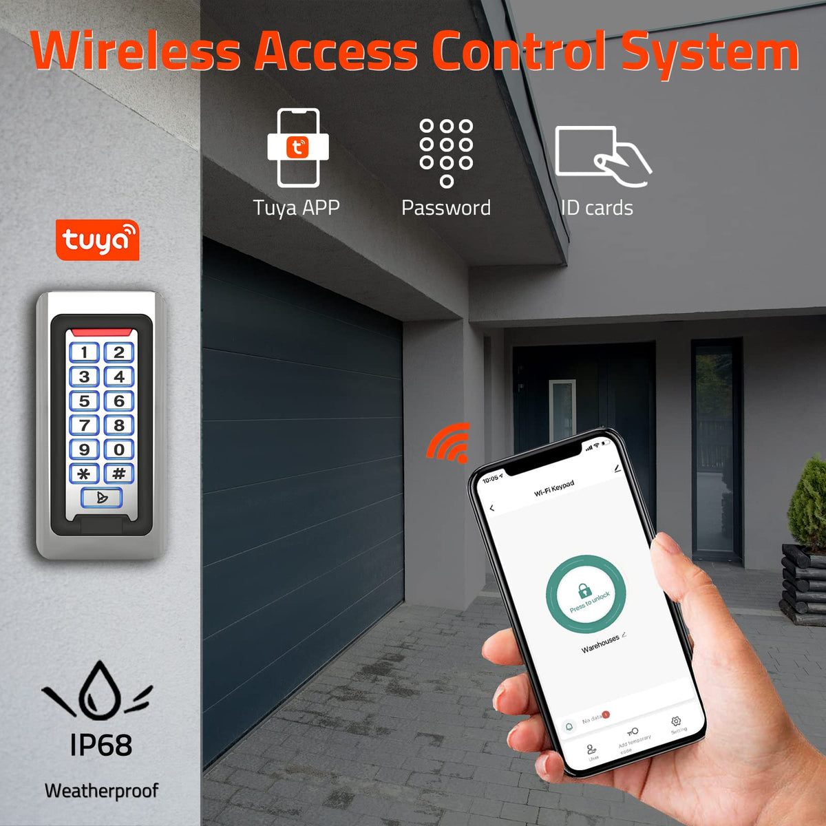 Wireless WiFi Access Control Keypad, Metal Stand-Alone Door Access Control System, EM Card Reader, Weatherproof, Backlight, TUYA Wireless Entry Security Access Controller for Garage Door, Gate Opener