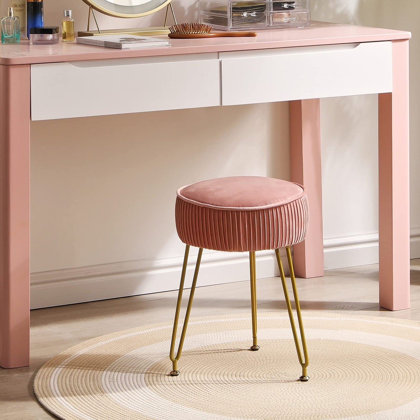 IBUYKE Velvet Vanity Stool Ottoman, Round Footrest Chair, Makeup Dressing Table Seat, Pouf Couch Stool, for Living Room, Golden Steel Legs, Pink LG-30P