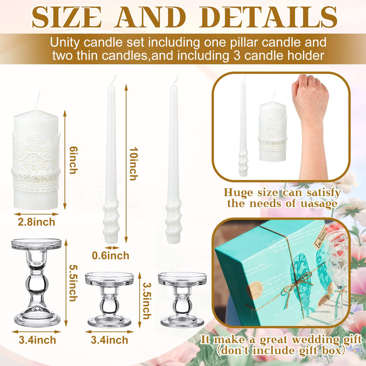 Irenare Unity Candles with Holder for Wedding Ceremony Wedding Decortions Accessories Glass Candle Holder Pillar Candle for Formal Events Church(Classic Style)