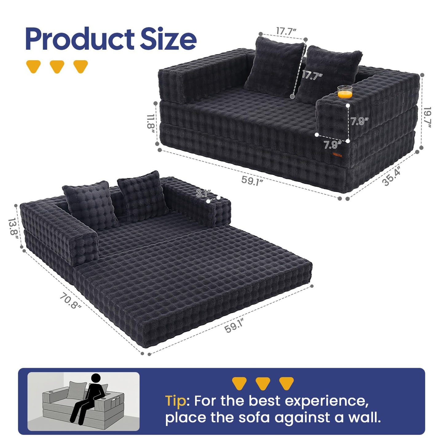 COMAX Futon Sofa Bed, 4‑in‑1 Convertible Sofa Bed, Folding Boneless Couches for Living Room, Fold Out Small Foldable Loveseat Floor Sleeper Comfy Mattress Lounge Space‑Saving, Ash Gray
