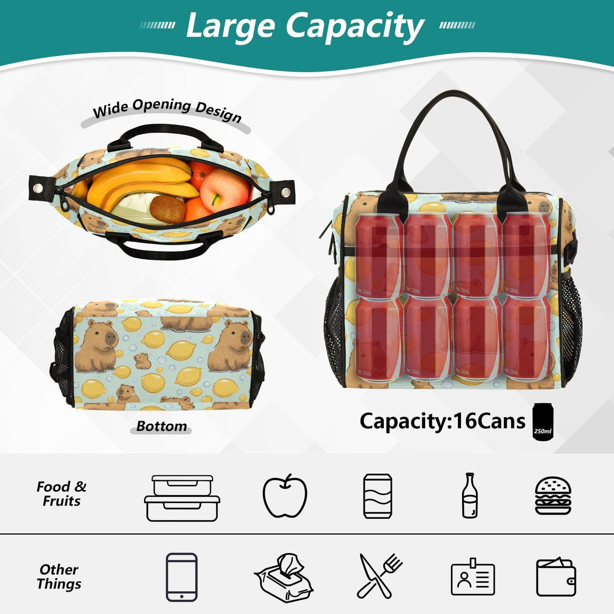 Boccsty Cute Capybara with Lemon Kids Reusable Lunch Box Boys Girls Insulated Lunch Bag Women Men Cooler Tote Bag Organizer Meal Prep for School Office Picnic M